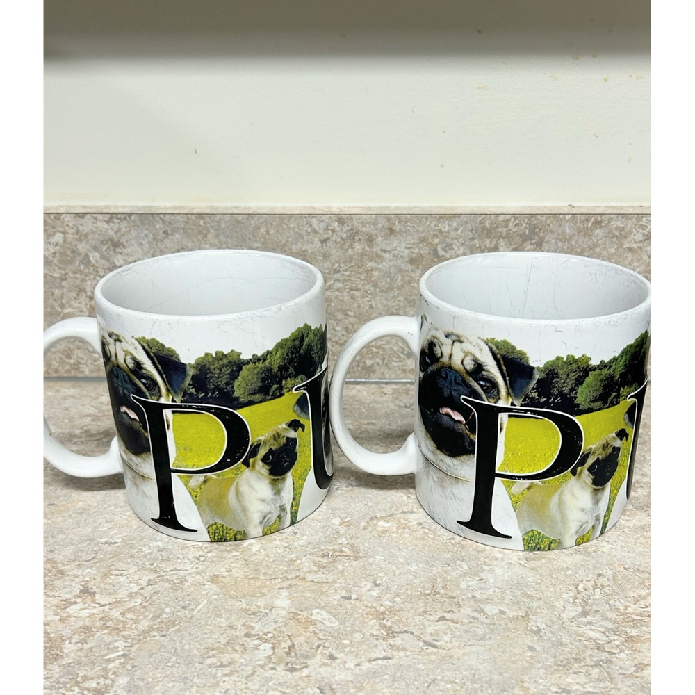 Americaware Pug Dog Ceramic Coffee Mugs 2 White Green 2007 Dog Lovers SEE PHOTOS